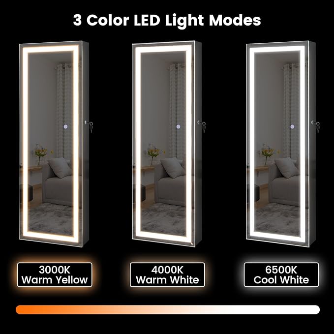 CHARMAID LED Mirror Jewelry Cabinet, 47.2'' Jewelry Armoire with Adjustable Lighted Full Length Mirror, Wall Mounted or Door Hanging, Lockable Jewelry Organizer Storage (Black, 47.2''H)