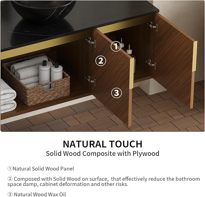 LKTART 48 Inch Bathroom Vanity with Sink, Modern Wall Mounted Bathroom Sink with 3 Doors, Black Sintered Stone Countertop and Black Bowl Ceramic Basin