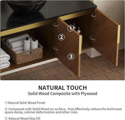 LKTART 48 Inch Bathroom Vanity with Sink, Modern Wall Mounted Bathroom Sink with 3 Doors, Black Sintered Stone Countertop and Black Bowl Ceramic Basin