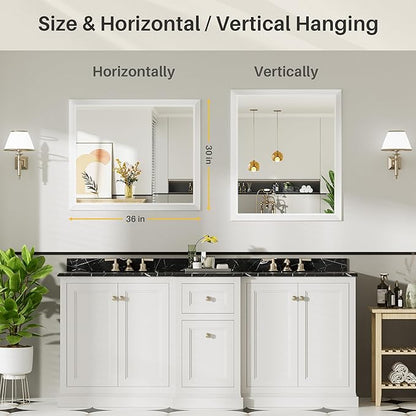 36x30 Inch White Bathroom Mirror for Wall, Thick Metal Framed Rectangle Mirrors for Over Sink, Bedroom, Living Room, Entryway, Anti-Rust, HD Tempered Glass