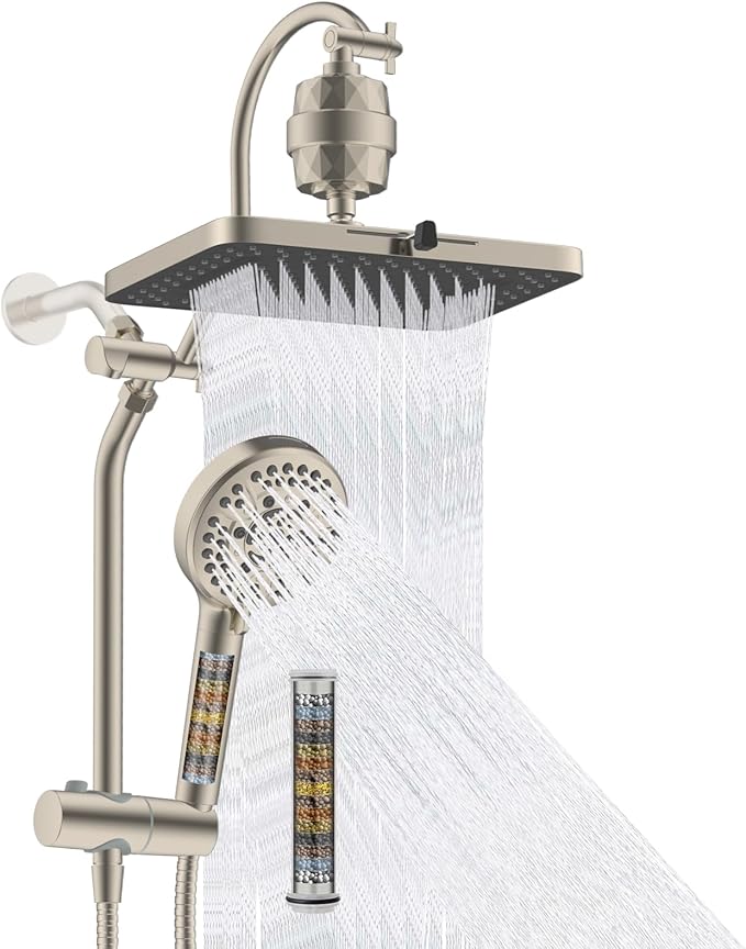 Hibbent 5-spray Filtered Rainfall Shower Head Combo, High Pressure 13'' Showerhead with 10 Spray Modes Handheld, All Metal 3 way Diverter Shower Arm, 71'' Hose and Holder, Brushed Nickel