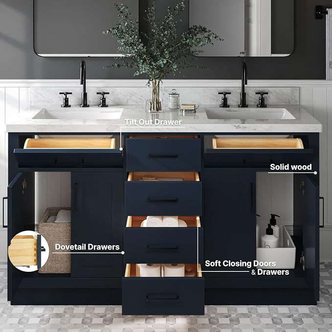 ARIEL Hepburn 60-inch Bathroom Vanity Base Cabinet,Solid Wood, 4 Soft Closing Doors, 6 Dovetail Drawers, Midnight Blue