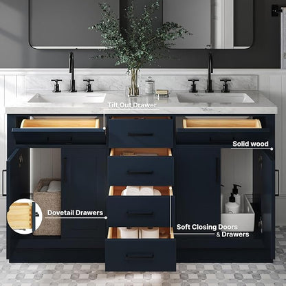 ARIEL Hepburn 60-inch Bathroom Vanity Base Cabinet,Solid Wood, 4 Soft Closing Doors, 6 Dovetail Drawers, Midnight Blue