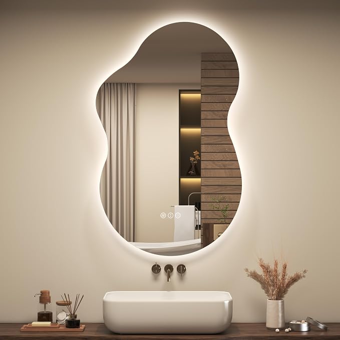 OKPAL Irregular Backlit Bathroom Mirror with Lights 20 x 32, Asymmetrical Cloud Led Lighted Vanity Mirror for Wall, Anit-Fog, Dimmable, Memory Function (Horizontal/Vertical)