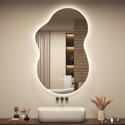 OKPAL Irregular Backlit Bathroom Mirror with Lights 20 x 32, Asymmetrical Cloud Led Lighted Vanity Mirror for Wall, Anit-Fog, Dimmable, Memory Function (Horizontal/Vertical)