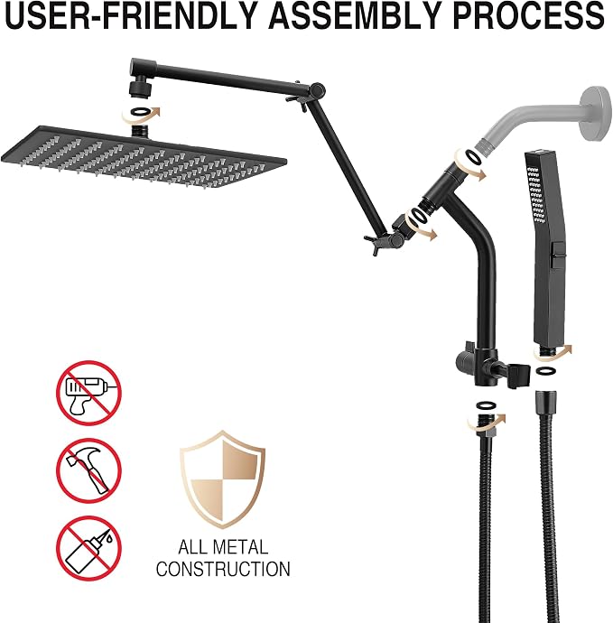 All Metal 10 Inch Rain Shower Head with Handheld Built-in Power Wash Mode, High Pressure Waterfall Rainfall Square Shower Heads with 16" Adjustable Extension Arm, Dual Showerhead, Matte Black