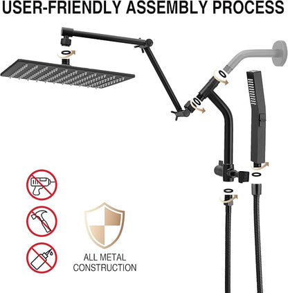 All Metal 10 Inch Rain Shower Head with Handheld Built-in Power Wash Mode, High Pressure Waterfall Rainfall Square Shower Heads with 16" Adjustable Extension Arm, Dual Showerhead, Matte Black