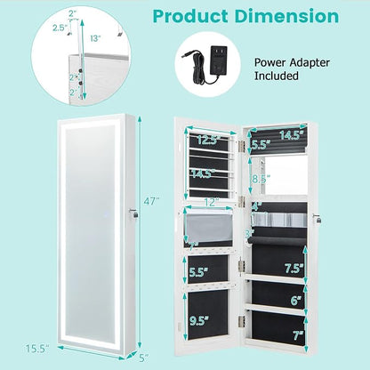 CHARMAID LED Mirror Jewelry Cabinet, 47.2'' Jewelry Armoire with Adjustable Lighted Full Length Mirror, Wall Mounted or Door Hanging, Lockable Jewelry Organizer Storage (Grayish White, 47.2''H)