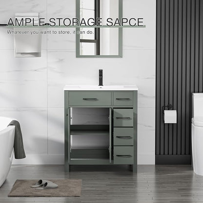 LUCKWIND 30" Modern Bathroom Vanity with Sink Combo, Contemporary Painted Storage Cabinet and Single White Sink, Include Soft-Closing Doors & Matte Black Faucet, Green