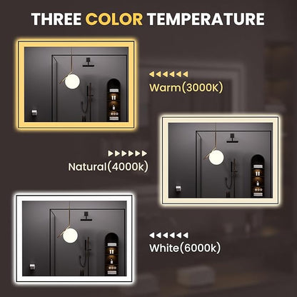 LOAAO 48"X36" LED Bathroom Mirror Black Framed | Anti-Fog, Dimmable, Memory Function, Tempered Glass, Lighted Vanity Mirror for Wall