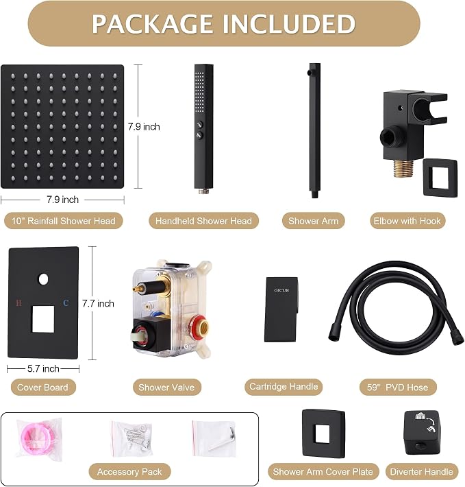 Rain Shower System, 8''Square Rain Head,2-Spray Handheld, Matte Black | 2 Spray Functions,Anti-Tangle Explosion-proof PVD Hose,Balance Temp Valve,Rust-proof & Scratch-resistant