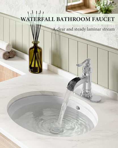 Bathroom Faucet Chrome Waterfall Bathroom Sink Faucets with Single Handle | Rustic Vanity Farmhouse RV Faucet Suitable for 1 or 3 Holes with Pop-up Drain Deck Plate Hose by Homevacious