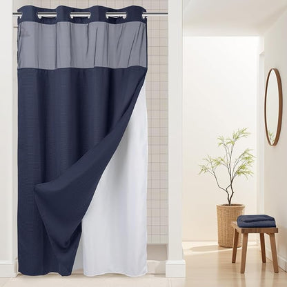 River Dream Heavyweight Waffle No Hook Shower Curtain with Liner,Navy,54x80 | Dotted Waffle,Snap-in Liner,Heavy Duty,Quick Dry,Mesh Top Window,With Bottom Magnets,Hotel-Grade,Washable,Stall Long Size