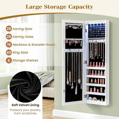 Giantex Wall or Door Mounted Jewelry Cabinet with Full Length Mirror, Over The Door Jewelry Armoire Organizer with Lights, Large Storage with Necklace Hooks, Earring Slots & Shelves (White)