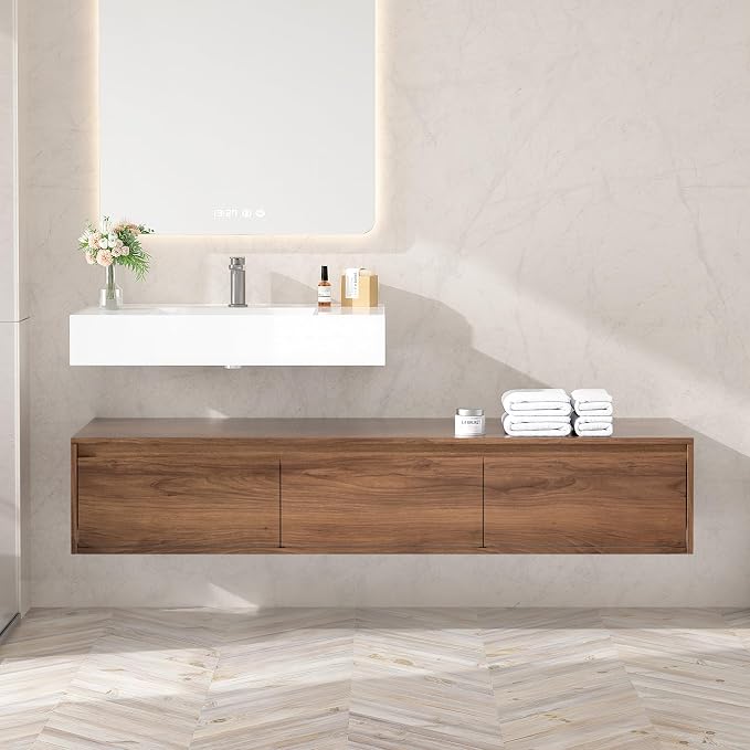 60 Inch Floating Bathroom Vanity with Single Sink, Modern Wall-Mounted Bathroom Cabinet with Resin Sink & Soft Close Drawers, Split-Level Layout (Walnut, 60")