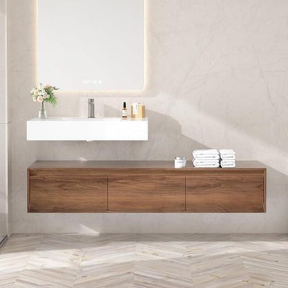 60 Inch Floating Bathroom Vanity with Single Sink, Modern Wall-Mounted Bathroom Cabinet with Resin Sink & Soft Close Drawers, Split-Level Layout (Walnut, 60")