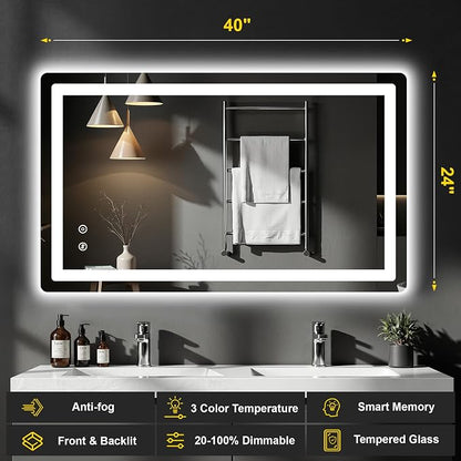 LED Bathroom Mirror with Lights, 24"x40" Lighted Vanity Mirror for Wall | Anti-Fog, Dimmable 3 Color Light, Backlit+Frontlit, Shatterproof Tempered Glass, Memory Function