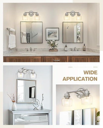 Emak 2-Light Vanity Lights, Brushed Nickel Bathroom Lights Over Mirror with Clear Glass Shade, Modern Bathroom Wall Sconces, VL122-BN-CG-2