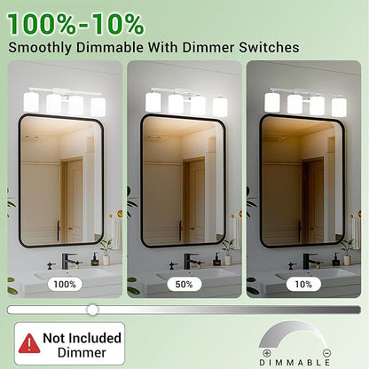 Quntis Chrome Bathroom Light Fixtures Over Mirror 5 Colors Adjustable, 4-Light LED Bathroom Vanity Lighting with Milky White Frosted Glass Shade, Energy-Saving LED Vanity Light 28.3 inch