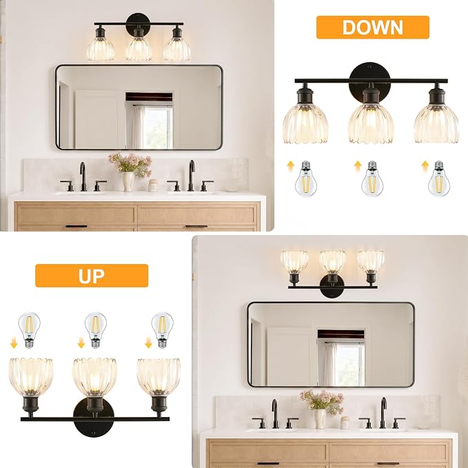 Bathroom Light Fixtures, 3-Light Brushed Black Vanity Lights for Bathroom with Clear Tulip Glass Shade, 20" Vintage Bathroom Vanity Lighting Fixtures Over Mirror for Bedroom Living Room Hallway
