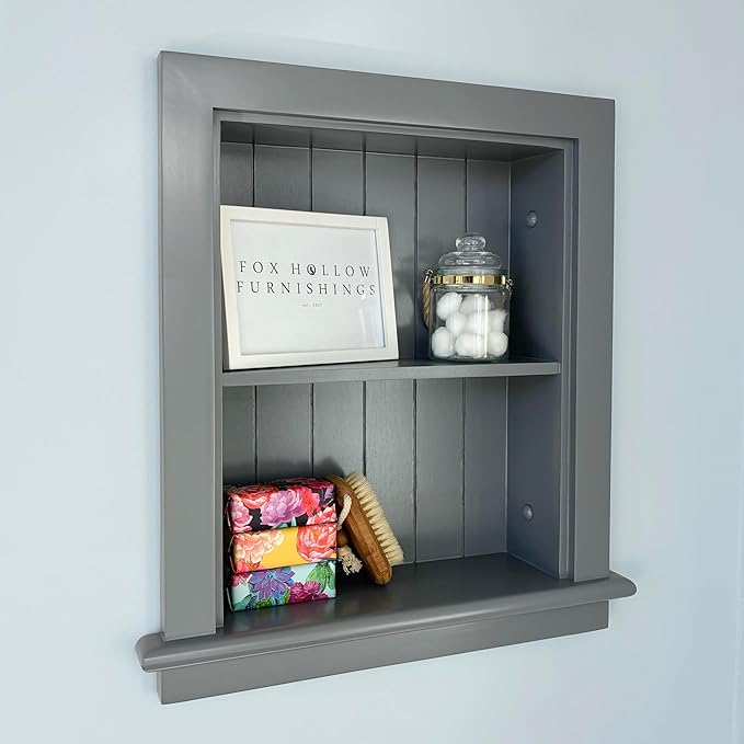Fox Hollow Furnishings 14x18 Aiden Recessed Wall Niche Medicine Cabinet Replacement, in The Wall Bathroom Cabinet Insert Shelf/Shelves, Made in North America, Real Wood, NO MDF, Beadboard, Dark Gray