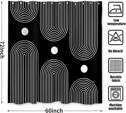 Black and White Shower Curtain, Boho Minimalist Mid Century Modern Arch Geometric Machine Washable Waterproof Fabric for Bathroom Bathtub with Hooks 60Wx72H