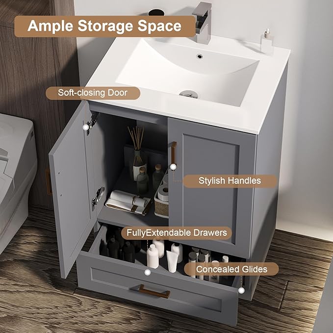 24 inch Bathroom Vanity with Sink, Modern Grey Vanity for Bathroom with Undermount Ceramic Sink, Freestanding 2-Door & 1-Drawer Storage Cabinet, for Small Bathroom Space, (Grey, 24")