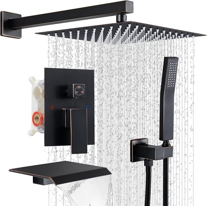 10" Rain Shower Faucet Set with Tub Spout,Oil Rubbed Bronze | Anti-scald cartridge, air tech boosts pressure 50%, 3-func diverter, NPT 1/2
