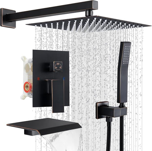 10" Rain Shower Faucet Set with Tub Spout,Oil Rubbed Bronze | Anti-scald cartridge, air tech boosts pressure 50%, 3-func diverter, NPT 1/2