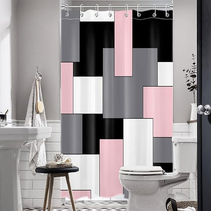 HVEST Modern Pink Shower Curtain with Hooks, Grey Black and White Abstract Geometric Shower Curtain for Bathroom, Mid Century Minimalist Shower Curtain Set Bathroom Decor Curtains, 48x72 inch