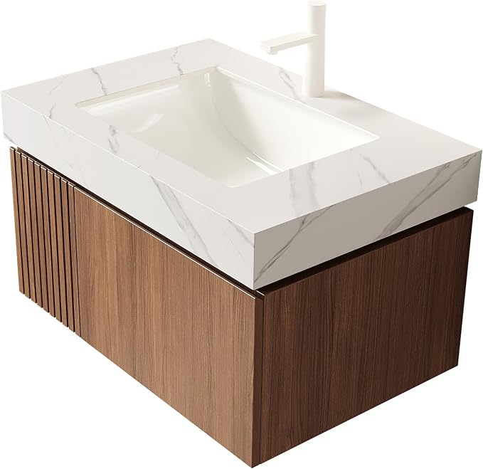 KEIKI 30 Inch Floating Bathroom Vanity with Sink, Brown Oak & White | Modern Wall Mounted Storage Cabinet w/ Drawer & Door, Pre-assembled Wood Panels, Sintered Stone Top & Ceramic Basin Combo Set