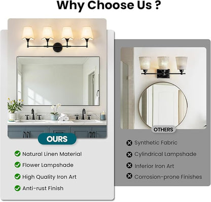 Modern Bathroom Vanity Light Fixtures: Matte Black Vanity Lights Over Mirror with Flared Fabric Shade, Farmhouse Bathroom Lighting Fixtures, 4 Light Wall Sconces Lights for Bedroom Hallway Living Room