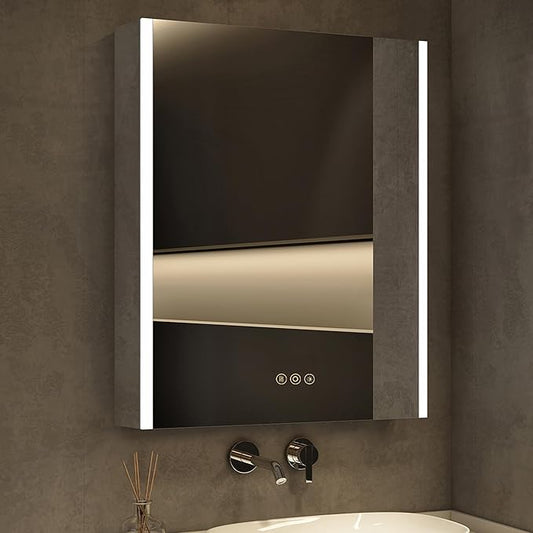 Medicine Cabinet with LED Lights and Mirror, 24 x 36 Inch Surface or Recessed Mounted Bathroom Cabinets with Door, Defogger, Memory Function, 3-Color Mode, Outlet&USB, Dimmer, Storage Shelf