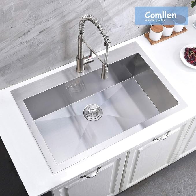 Comllen 28 inch Drop in Kitchen Sink, 28x18 inch Topmount Stainless Steel Sink, 18 Gauge T304 Single Bowl Kitchen With Strainer