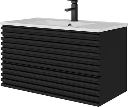 LUCKWIND 36" Floating Bathroom Vanity with Sink, Mid-Century Wall Mounted Big Drawer Cabinet with Large Sink, Water Saving Faucet and Wood Stripes Style, Black