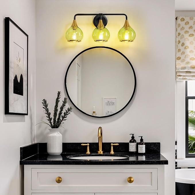 Black and Gold Bathroom Vanity Light 3-Lights Bathroom Light Fixtures Over Mirror with Green Clear Glass Shade 22.4 inch Wall Sconce Lighting Bath(Exclude E26 Bulb)