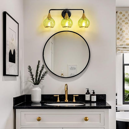 Black and Gold Bathroom Vanity Light 3-Lights Bathroom Light Fixtures Over Mirror with Green Clear Glass Shade 22.4 inch Wall Sconce Lighting Bath(Exclude E26 Bulb)