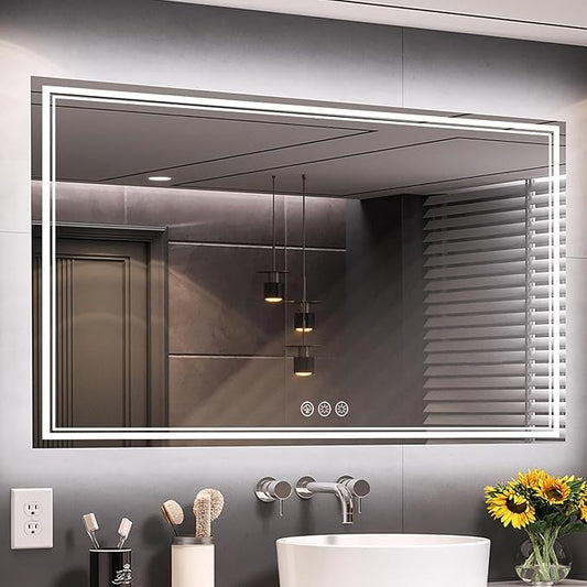 55x30 Inch LED Bathroom Mirror with Frontlit & Backlit（Independent Control）, Lighted Mirror for Bathroom Wall with 3-Color Dimmable & Anti-Fog, Vanity Mirror with Lights