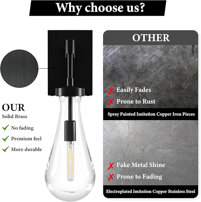 Raindrop Brass Crystal Wall Sconce: Clear Solid Indoor Sconces with Bulbs - Modern Luxury Black Light Fixtures - Dimmable Vanity Lamp for Bedroom Living Room Bathroom Hallway Bedside Lighting