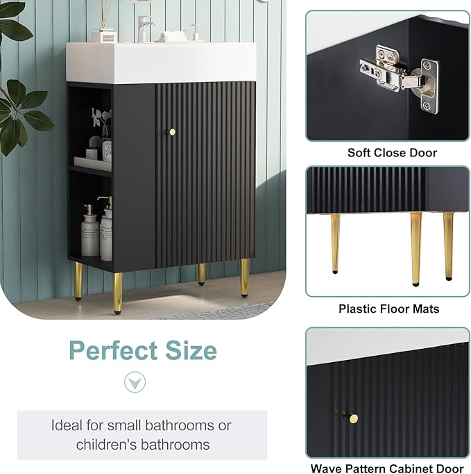 21.6 in Small Bathroom Vanity with Sink,Doors and Storage Shelves,Wood Modern Single Fluted Bathroom Sink Cabinet Freestanding (Black,Left Shelf)
