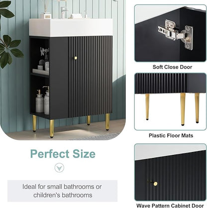 21.6 in Small Bathroom Vanity with Sink,Doors and Storage Shelves,Wood Modern Single Fluted Bathroom Sink Cabinet Freestanding (Black,Left Shelf)