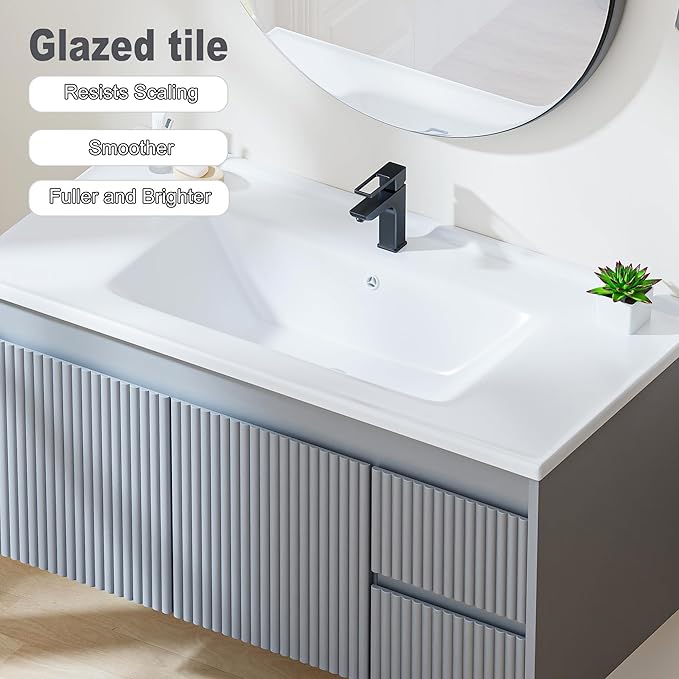 Floating Bathroom Vanity with Sink, 40 Inch Wall Mounted Bathroom Vanity with 2 Drawers and Wave-Carved Design Door, Modern Wooden Cabinet with Ceramic Sink and Storage, Grey