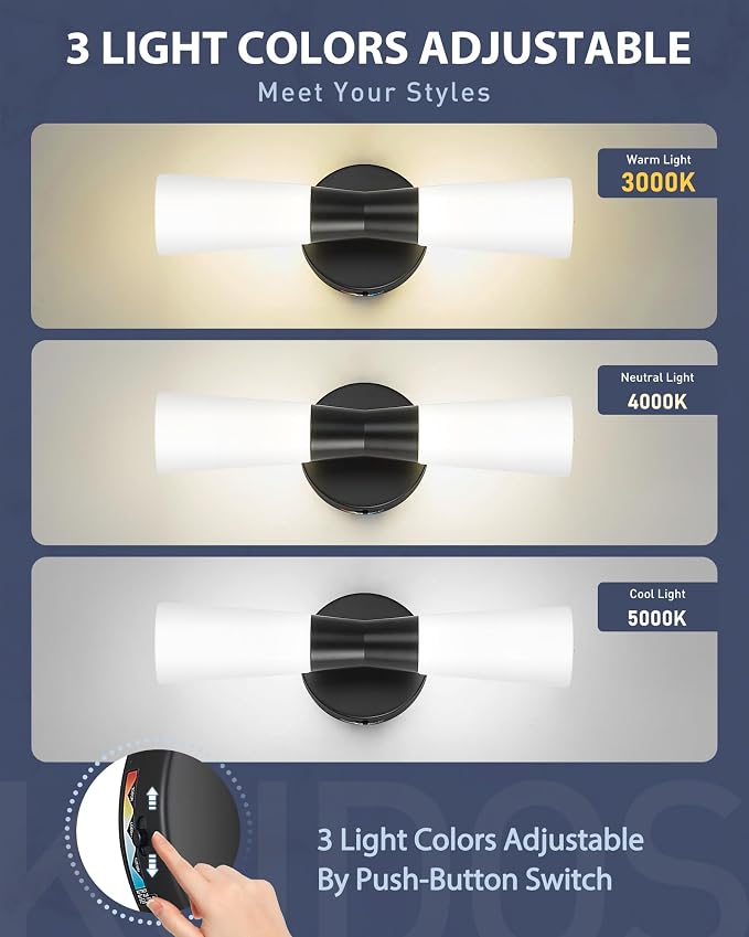 kudos 16 Inch Black Vanity Lights, Milk White Glass, 3CCT, KDVL13-BK | LED, 14W, 1100 Lumens, 3000K, 4000K and 5000K Selectable, Hardwired,for Bathrooms and Bedrooms