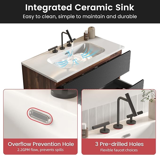 36" Floating Bathroom Vanity with Sink, Modern Wall Mounted Floating Vanity with Ceramic Sink, Double Soft-Close Drawers for Apartment, Hotel, Walnut+Black