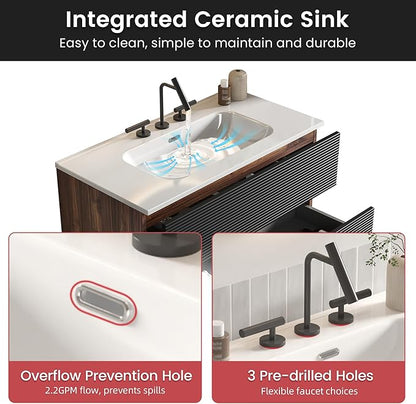 36" Floating Bathroom Vanity with Sink, Modern Wall Mounted Floating Vanity with Ceramic Sink, Double Soft-Close Drawers for Apartment, Hotel, Walnut+Black