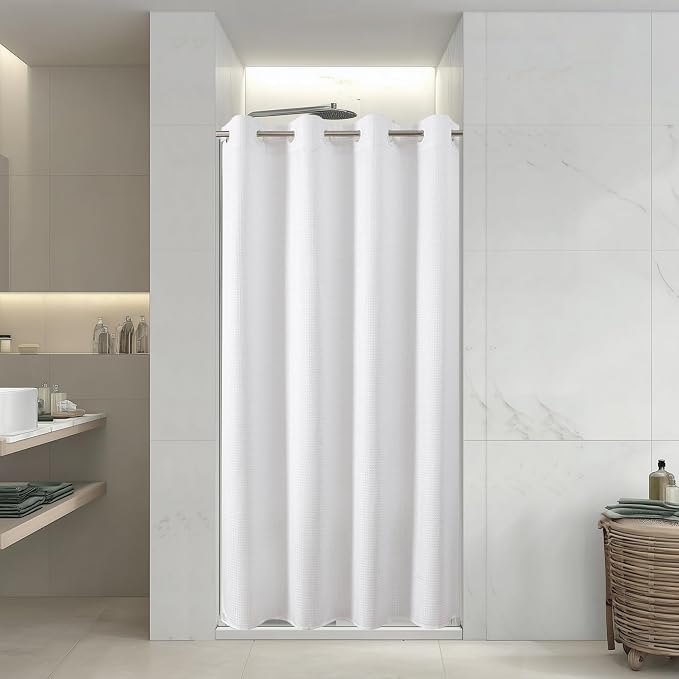 eachope No Hook Waffle Shower Curtain, No Liner Needed, 60x86 Inch, White | 100% waterproof TPU-laminated backing, magnetic weighted hem, machine washable, for bathroom, hotel, or shower stall use