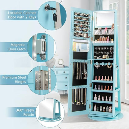 CHARMAID 360° Swivel Jewelry Armoire with Full Length Mirror, Rear Storage Shelves, Lockable Standing Jewelry Cabinet Organizer with Interior Vanity Mirror and 3-Color Lights (Sky Blue)