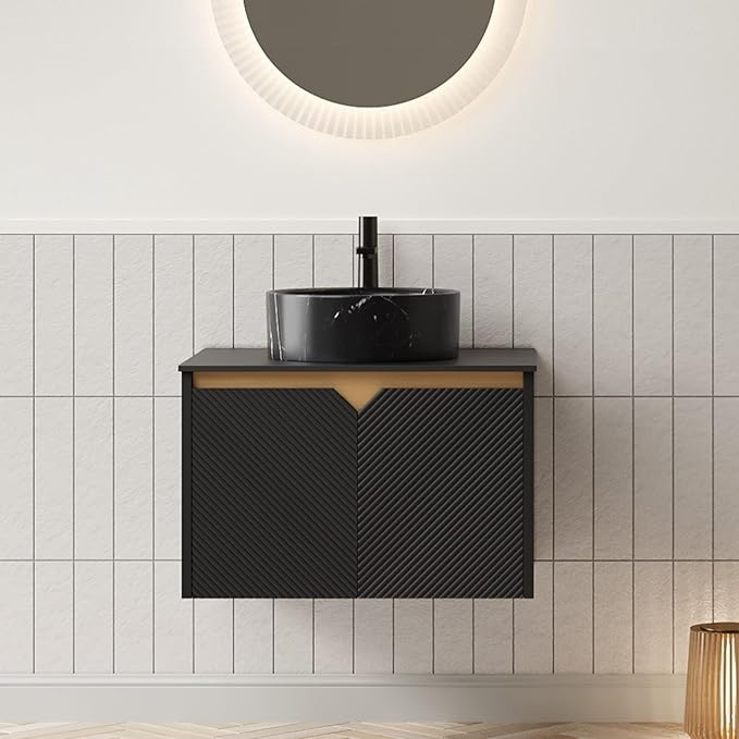 24 Inch Bathroom Vanity with Sink, Floating Fluted Vanity with Vessel Sink, Small Wall Mounted Bathroom Vanity Cabinet with 2 Doors, Black Round Ceramic Sink & Sintered Stone Top, Black