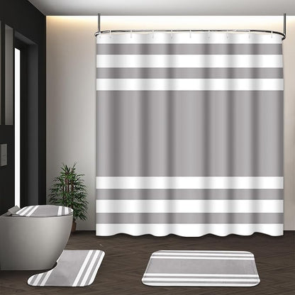 Bathroom Sets with Shower Curtain and Rugs, 4 Pcs, Modern | Minimalist Striped Grey Neutral Bathroom Decor Set with Toilet Lid Cover, Non-Slip Bath Mats and Accessories 12 Hooks