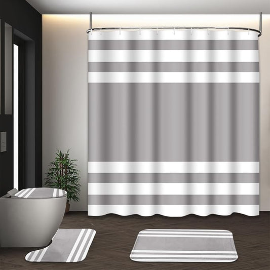 Bathroom Sets with Shower Curtain and Rugs, 4 Pcs, Modern | Minimalist Striped Grey Neutral Bathroom Decor Set with Toilet Lid Cover, Non-Slip Bath Mats and Accessories 12 Hooks